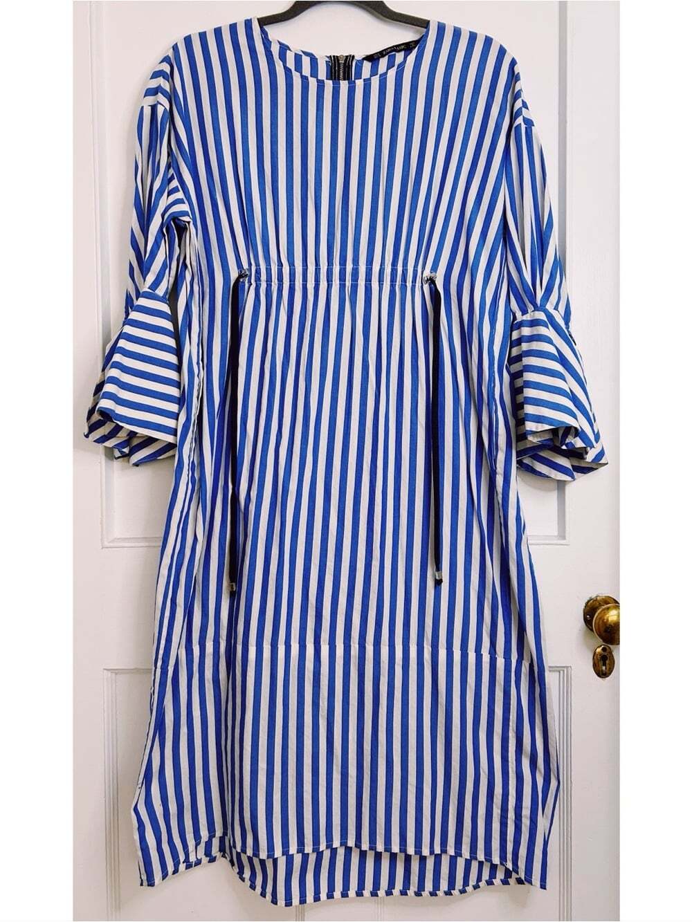 Women’s Blue & White Striped Dress with Ties and 3/4 Flared Sleeves from Zara
